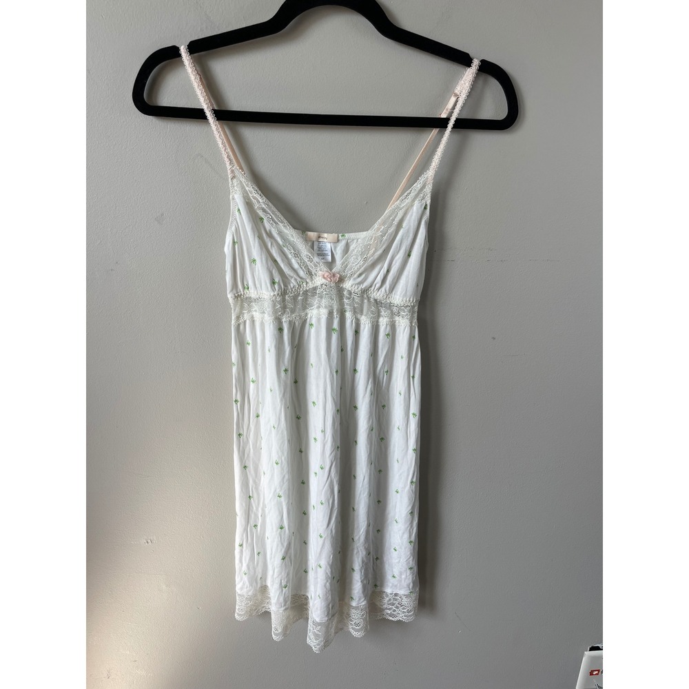 Eberjey White Palm Tree Print Lace Trim Chemise Nightgown Small Pink Straps